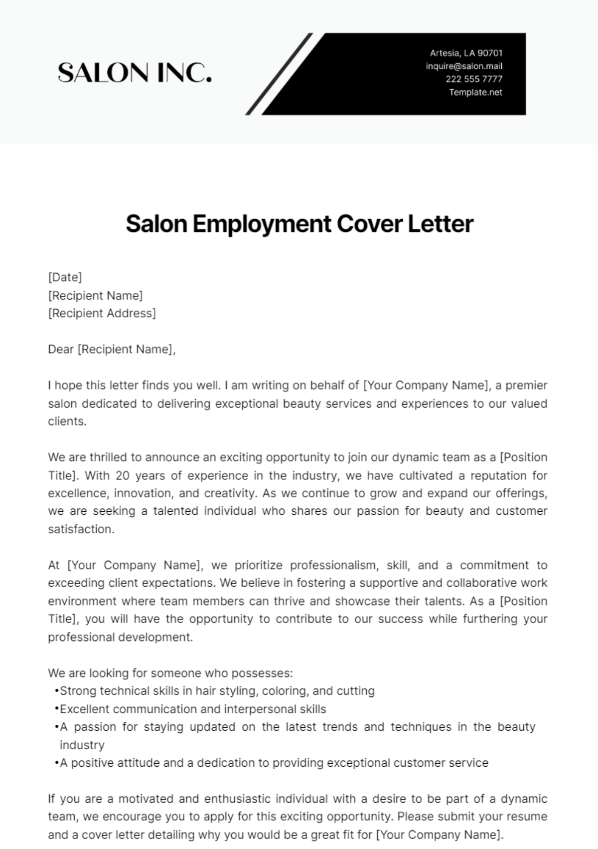 Salon Employment Cover Letter Template - Edit Online & Download