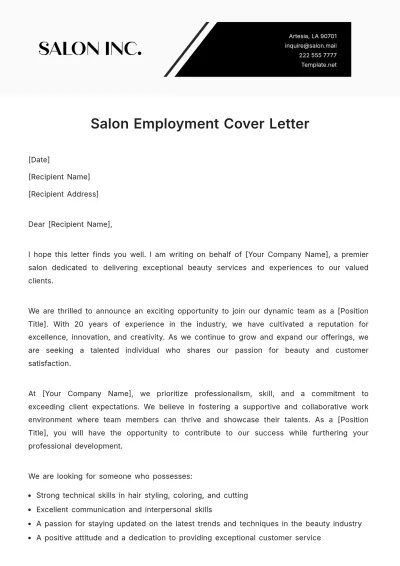 Free Salon Employment Cover Letter Template to Edit Online