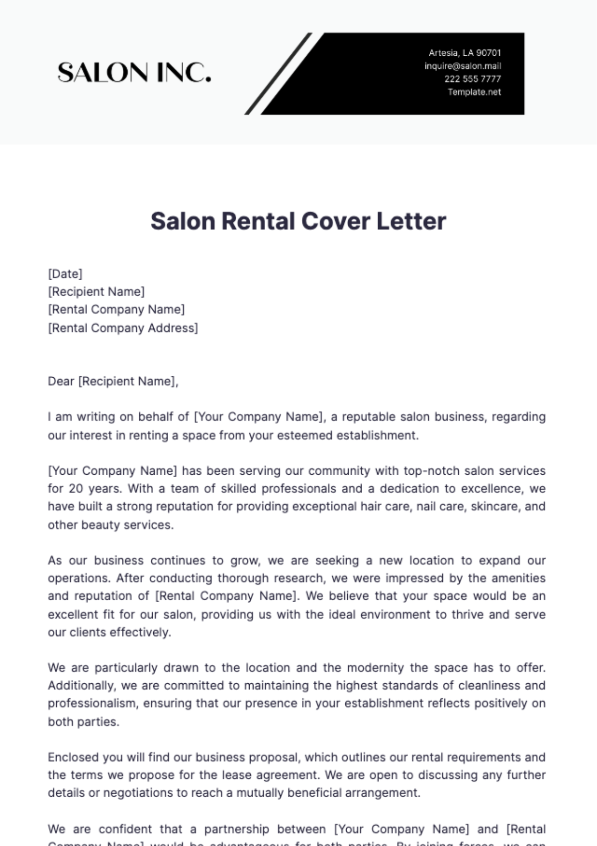 Salon Rental Cover Letter Template - Edit Online & Download