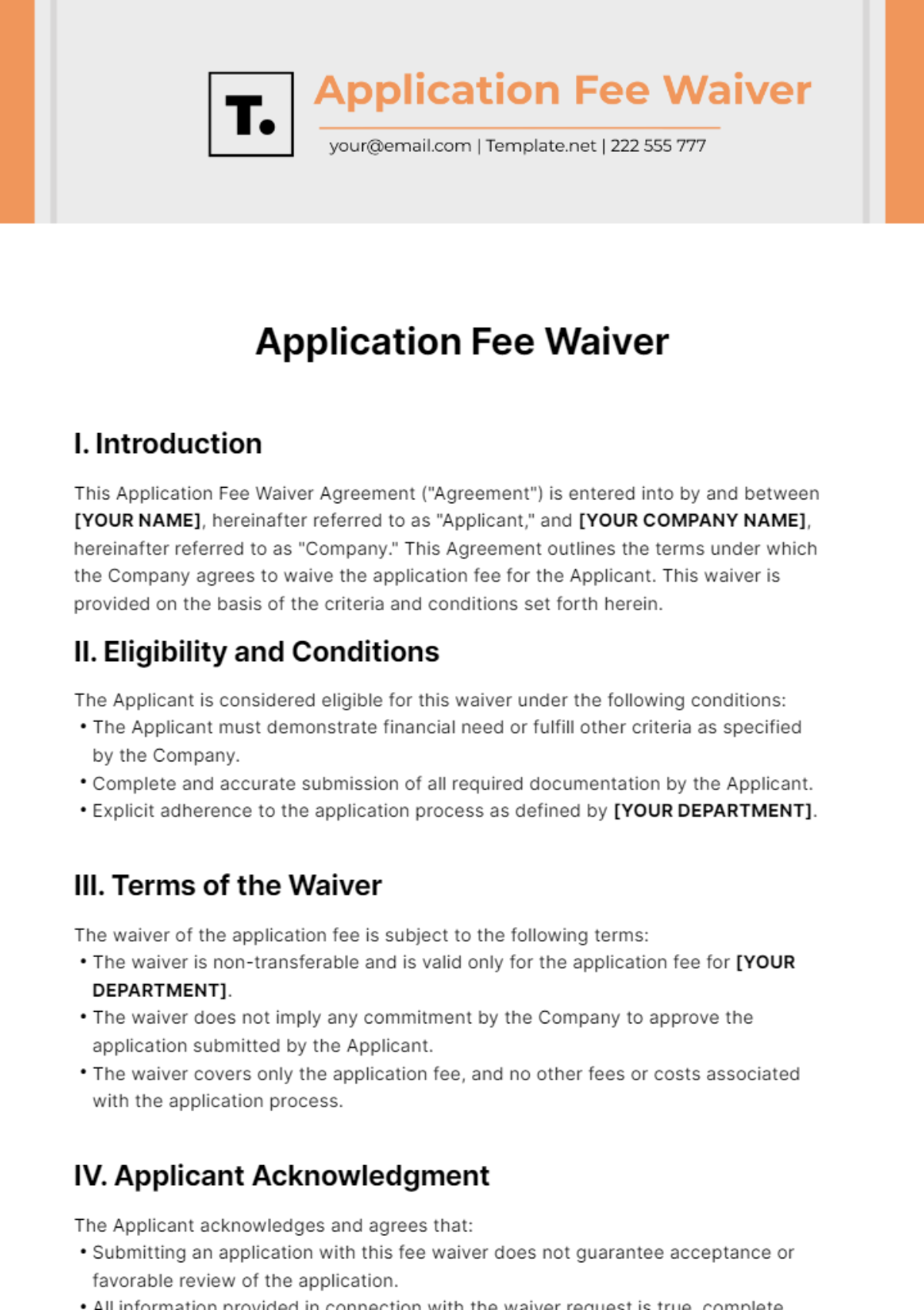 Free Application Fee Waiver Template