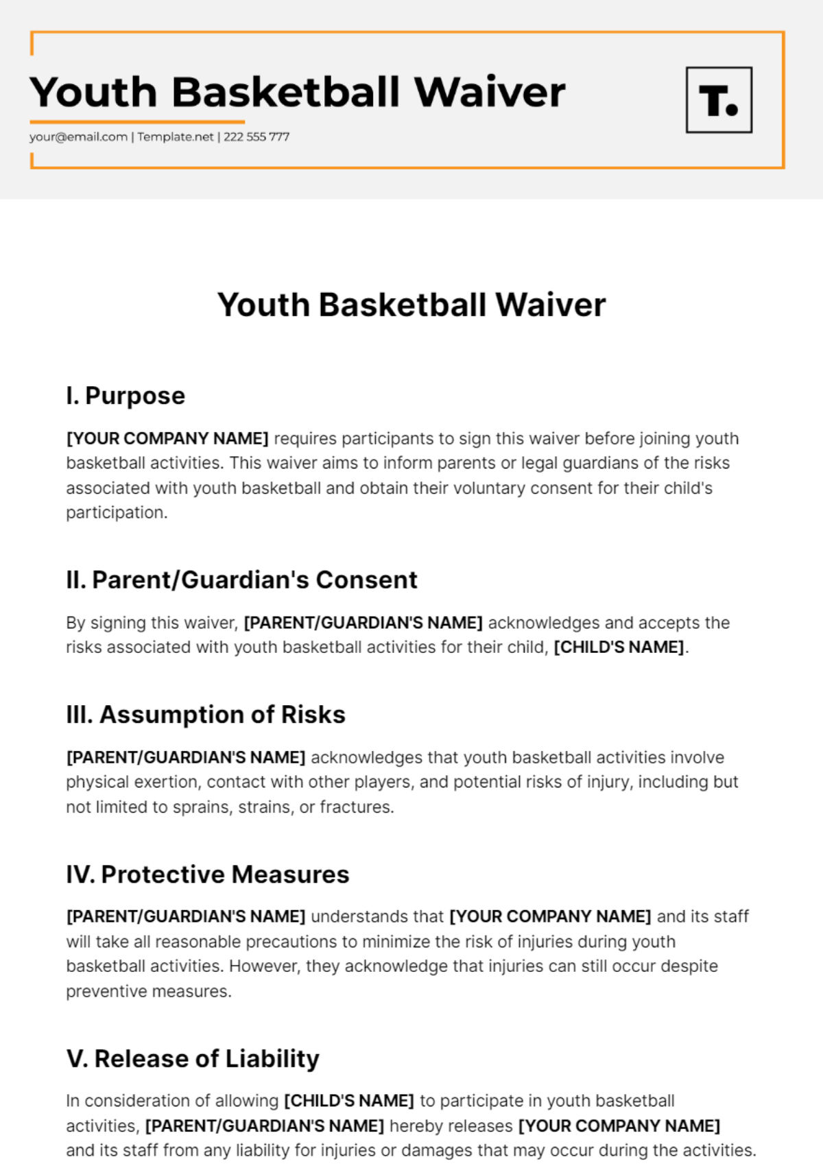 Youth Basketball Waiver Template