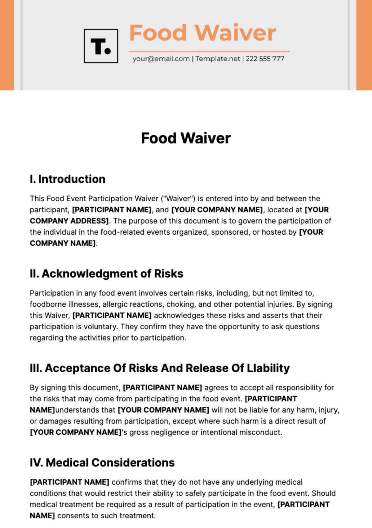 Free Food Waiver Template