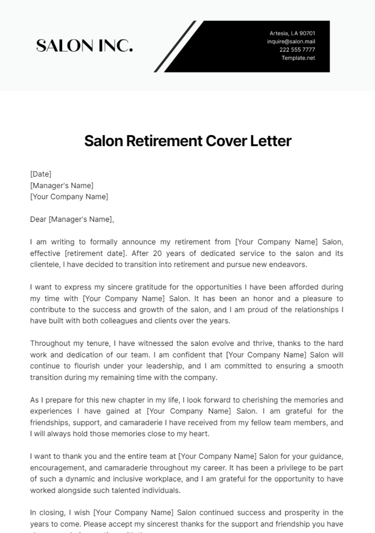 Salon Retirement Cover Letter Template