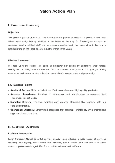 Free Salon Action Plan Template to Edit Online