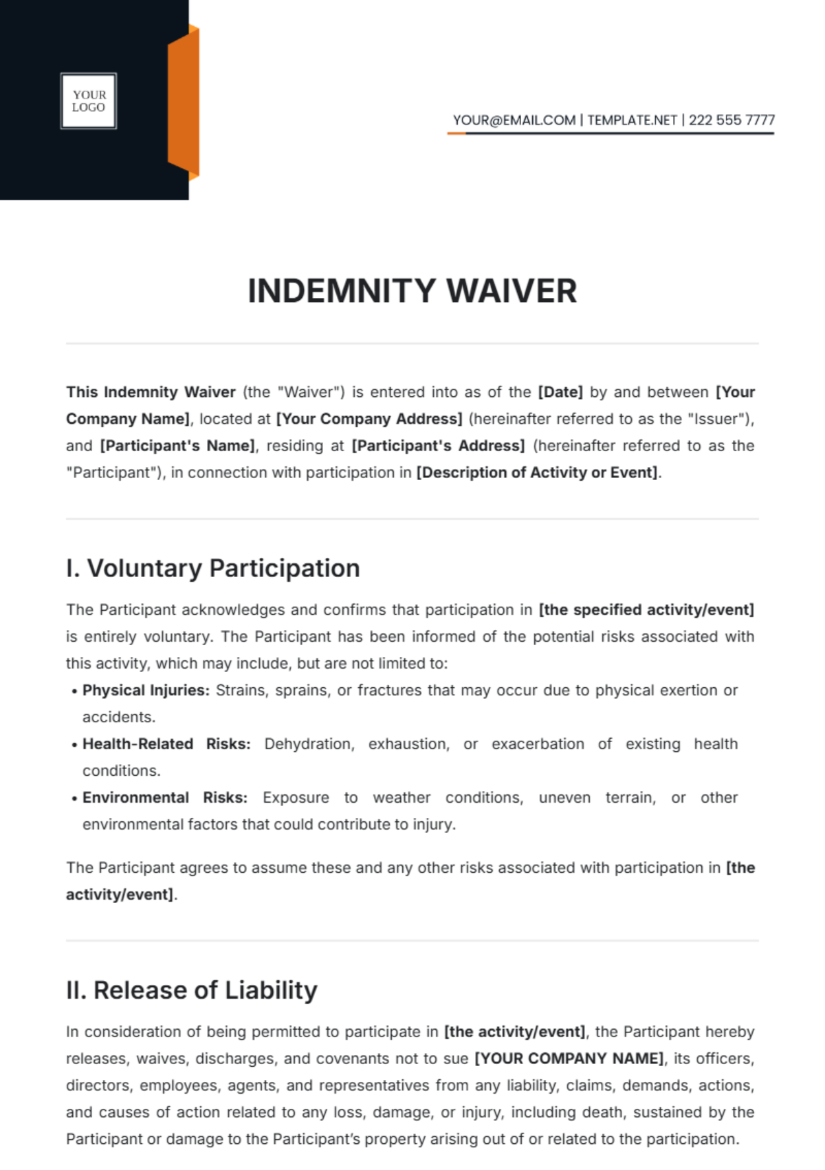 Indemnity Waiver Format Template - Edit Online & Download