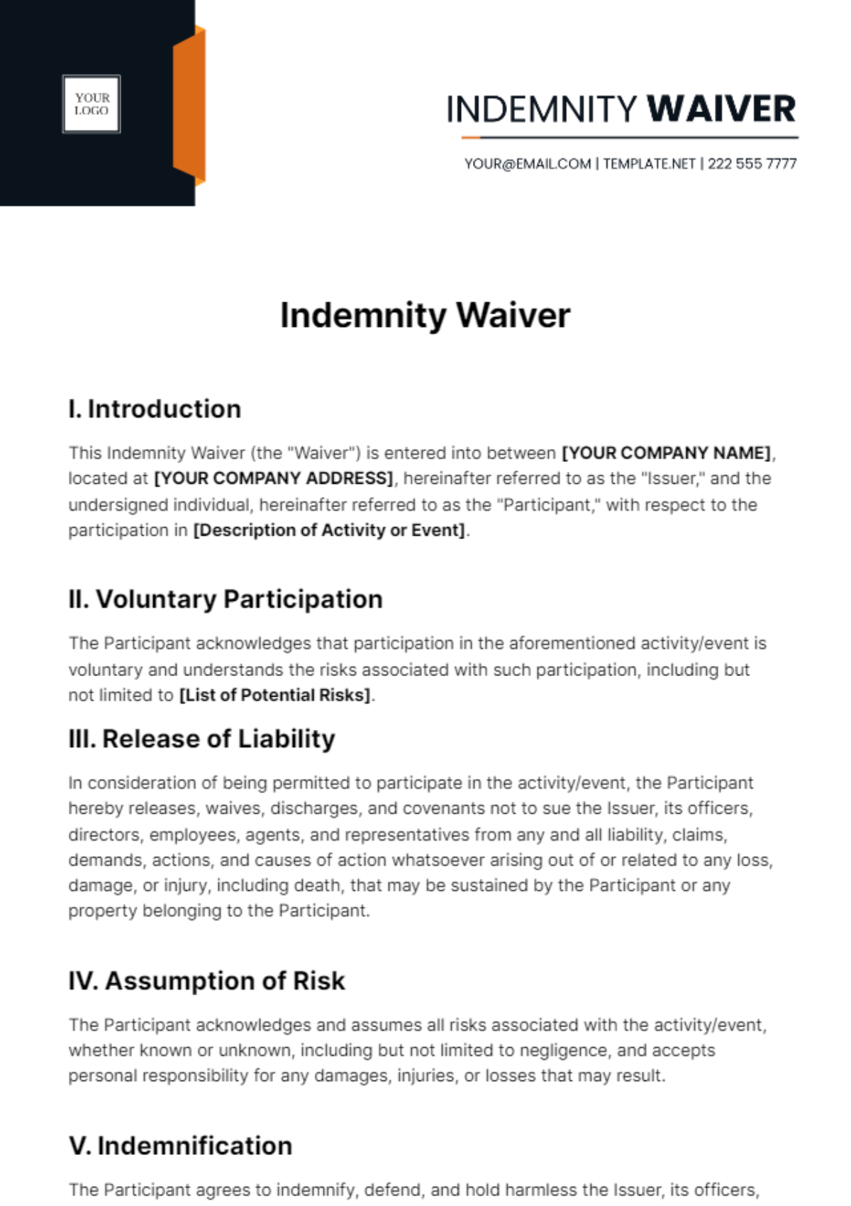 Free Indemnity Waiver Template