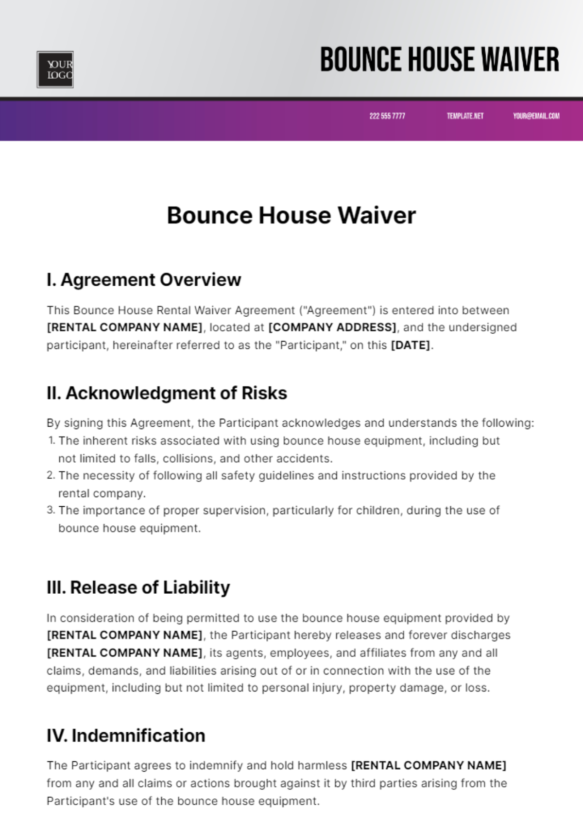 Free Bounce House Waiver Template
