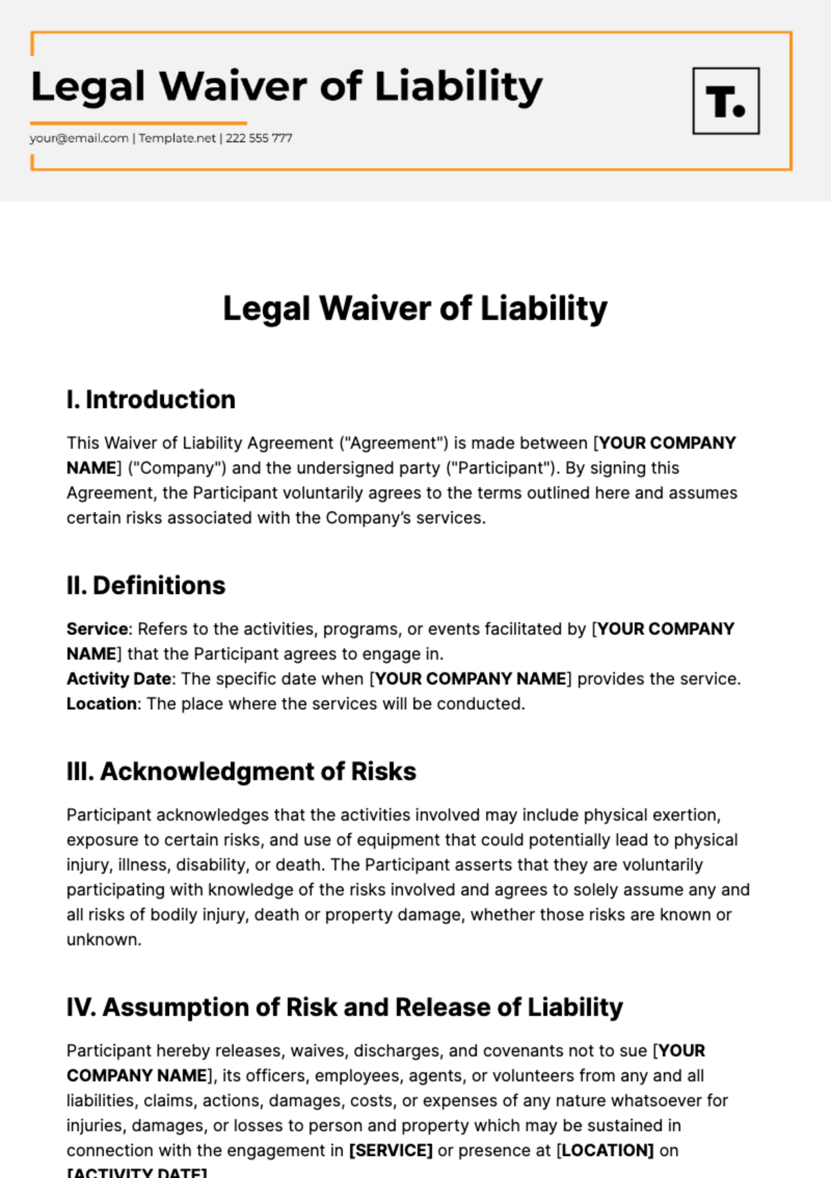 Free Legal Waiver of Liability Template