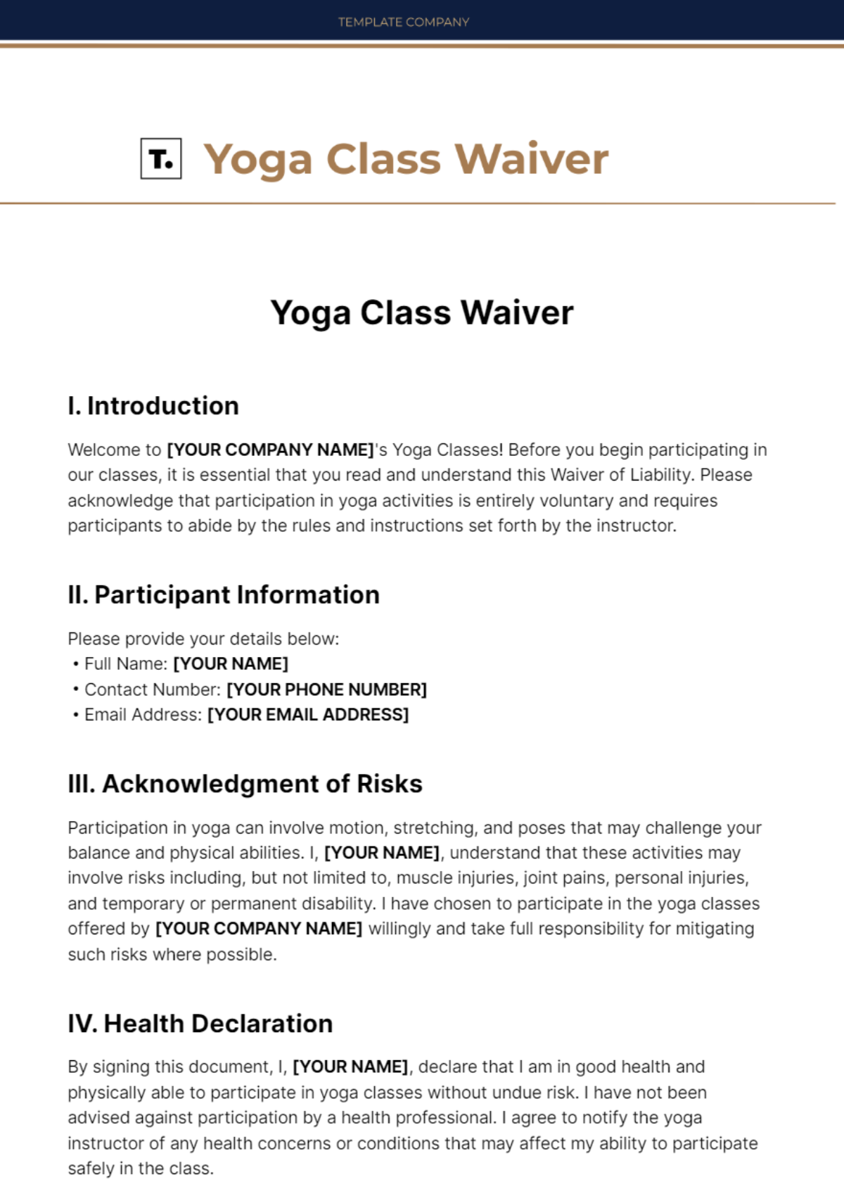 Free Yoga Class Waiver Template