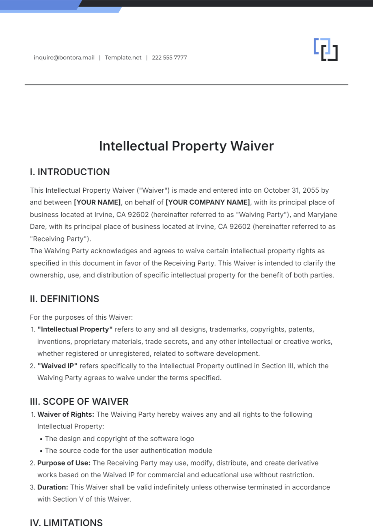 Intellectual Property Waiver Template - Edit Online & Download