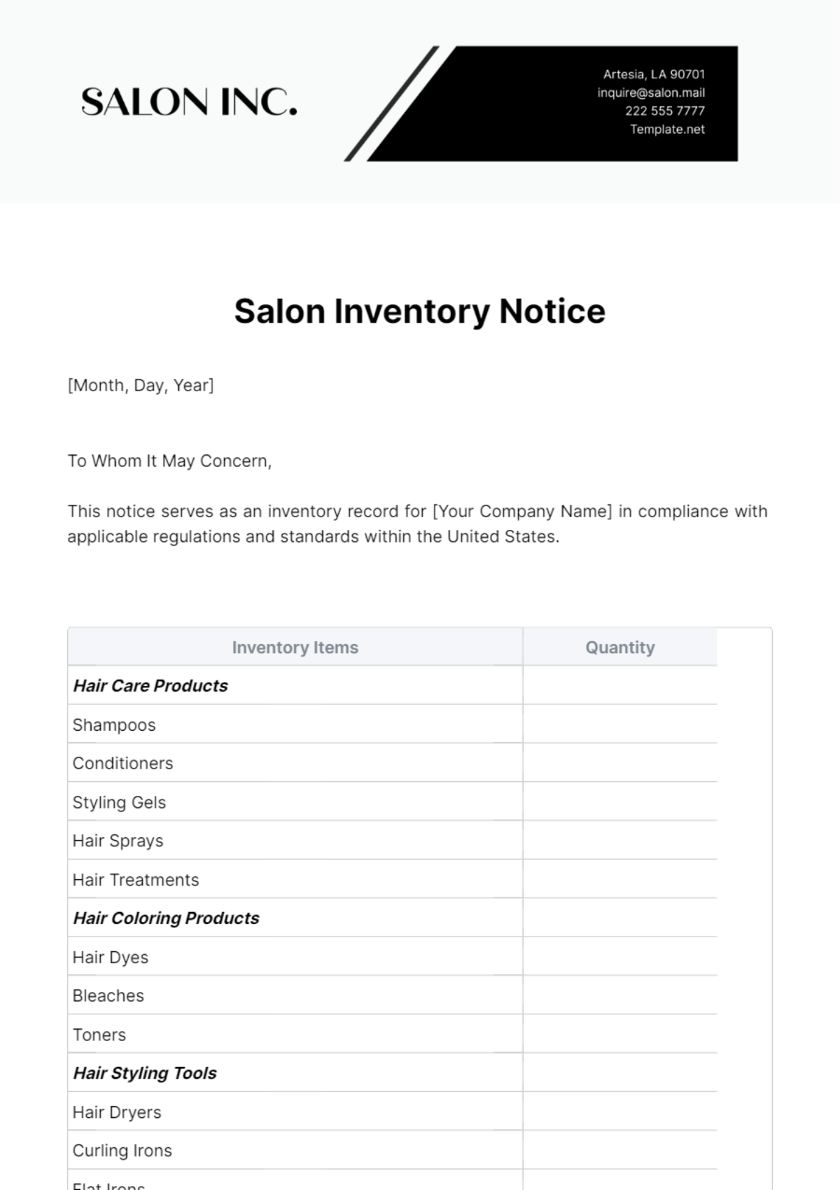 Salon Inventory Notice Template