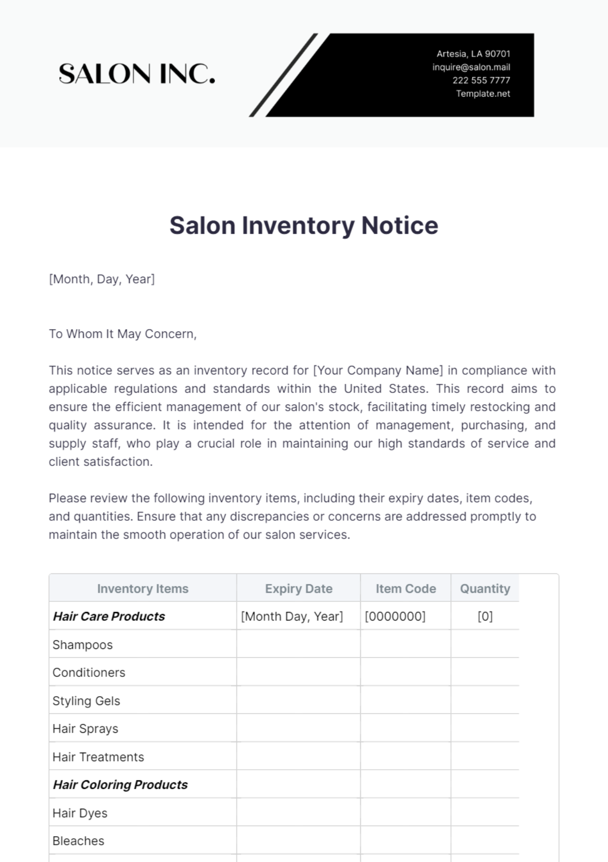 Salon Inventory Notice Template - Edit Online & Download