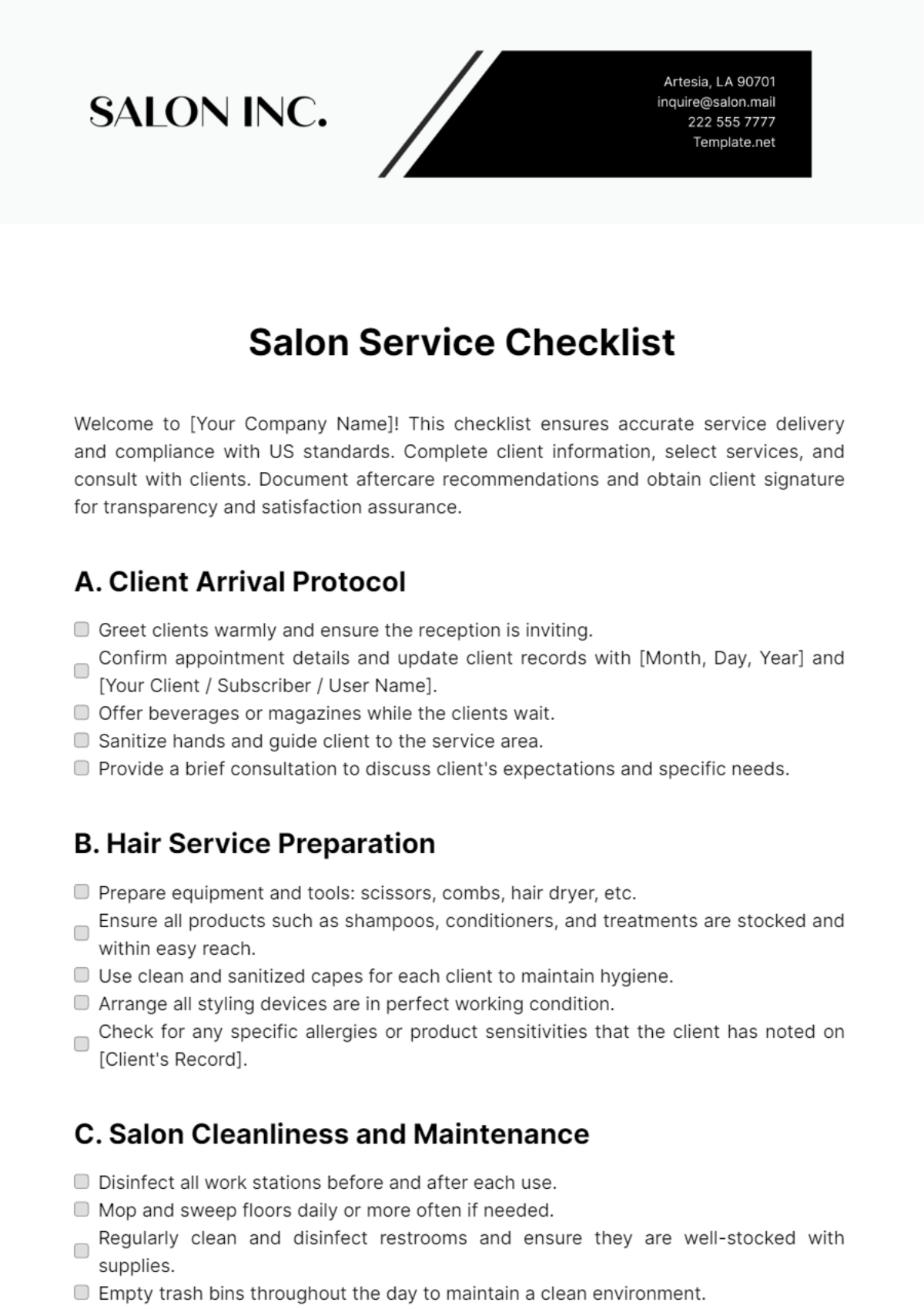 Salon Service Checklist Template