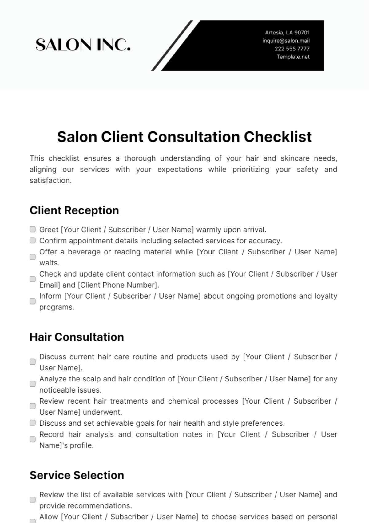 Salon Client Consultation Checklist Template