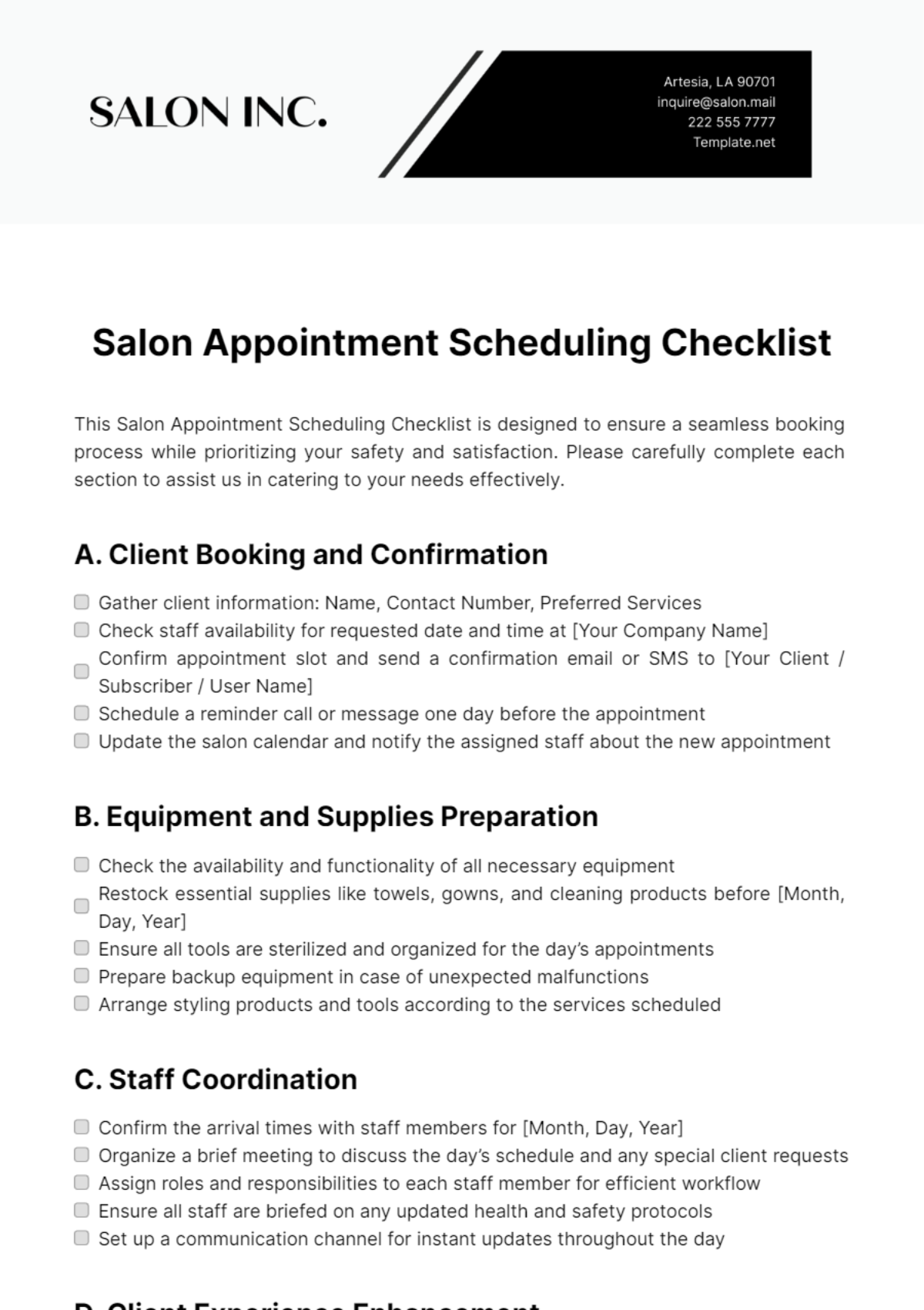 Salon Appointment Scheduling Checklist Template