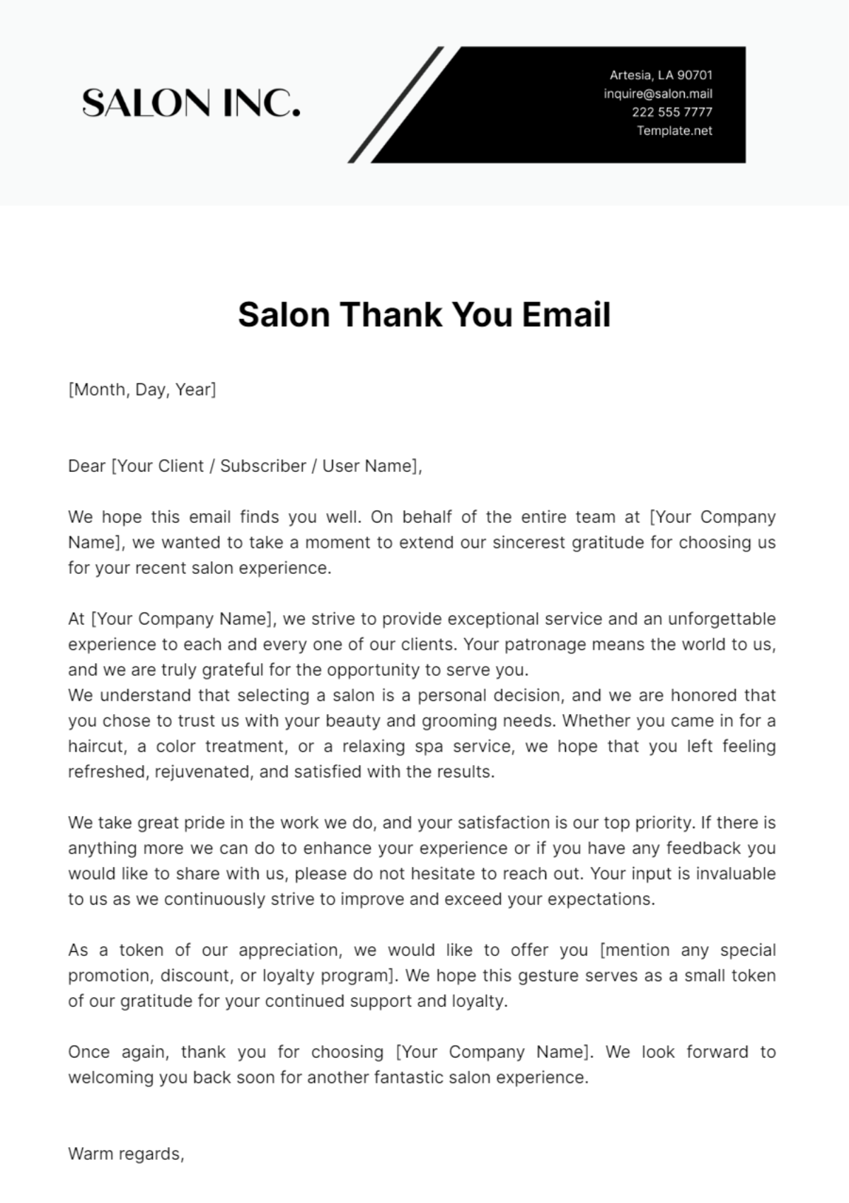 Salon Thank You Email Template