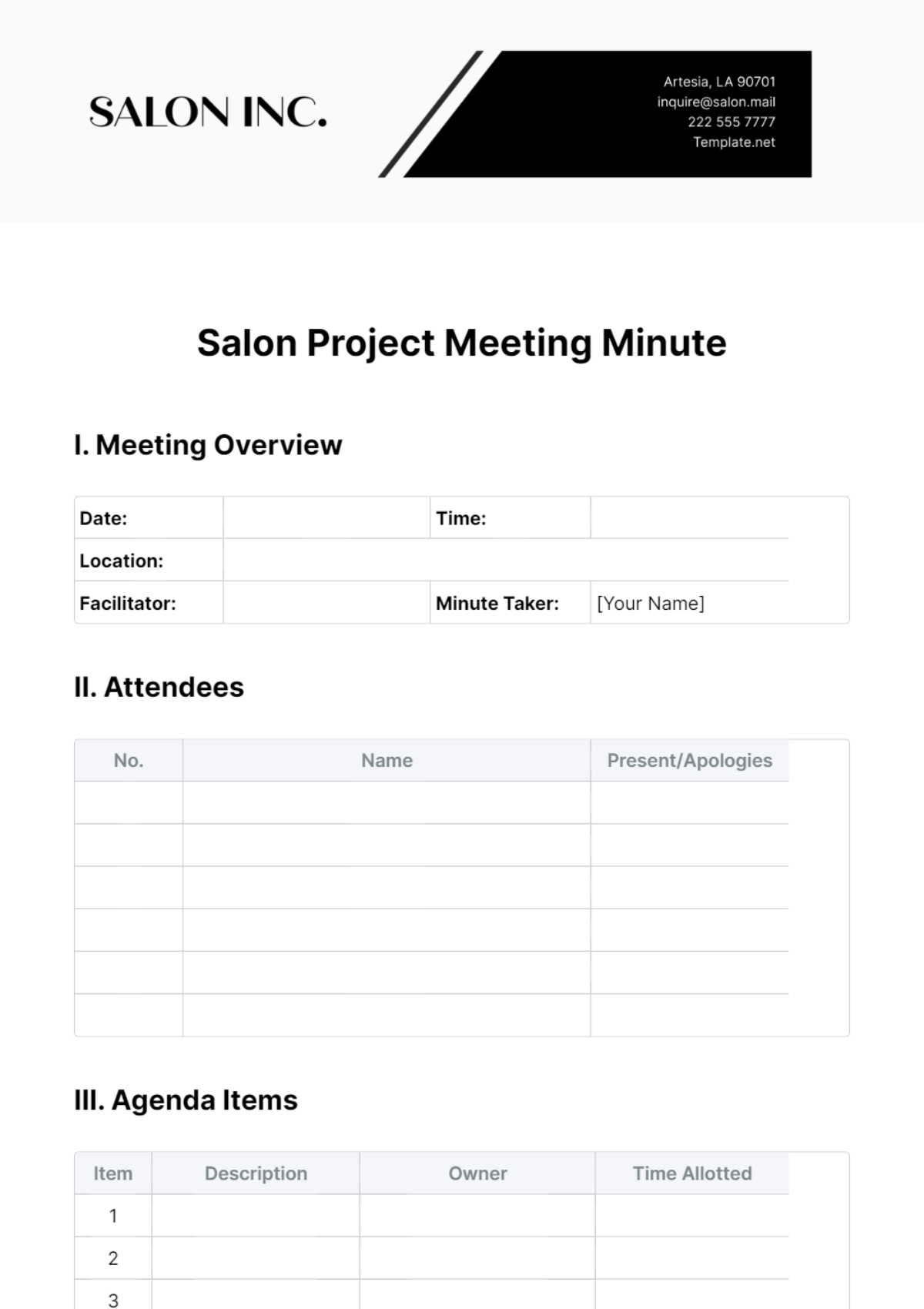 Salon Project Meeting Minute Template