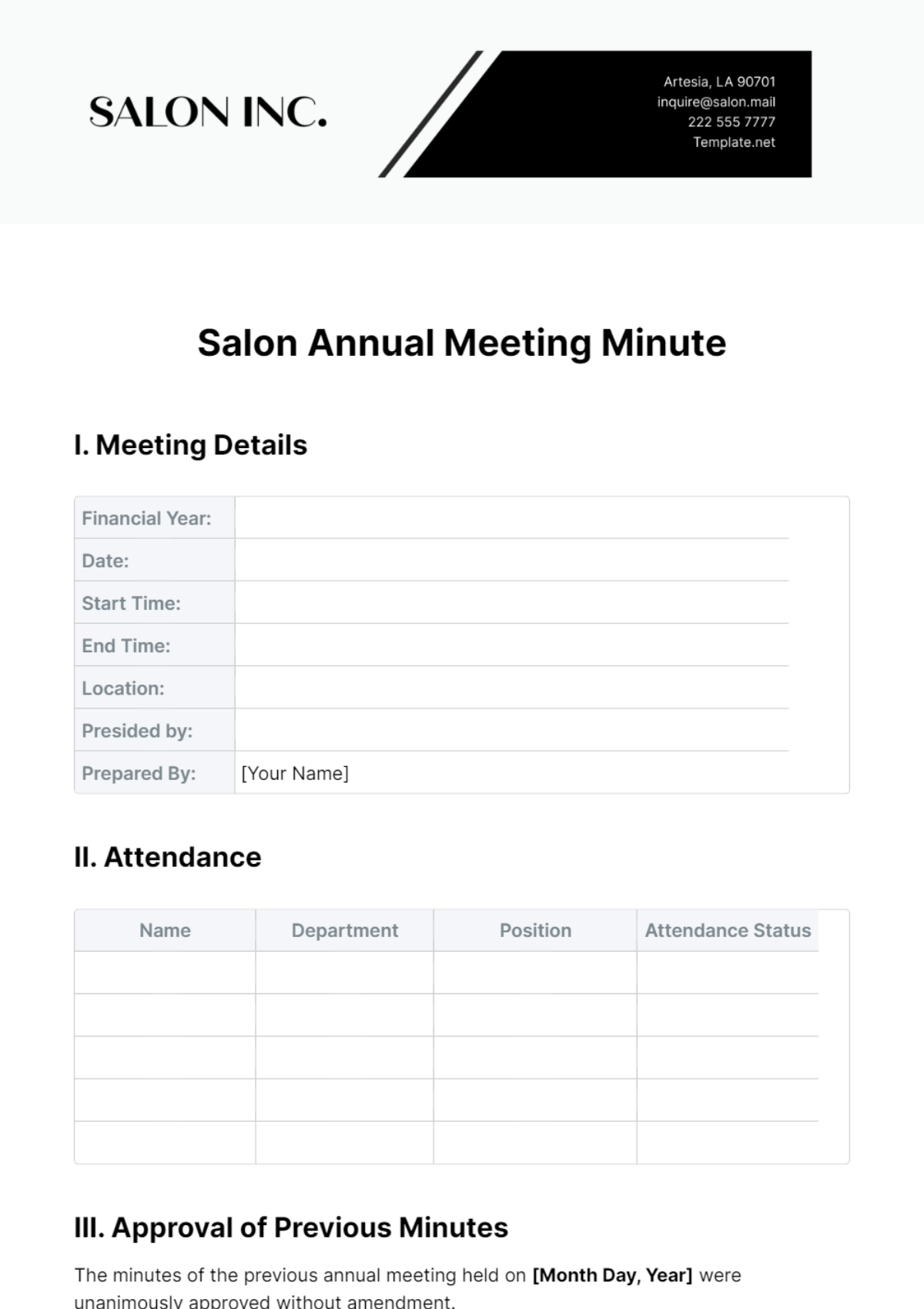 Salon Annual Meeting Minute Template