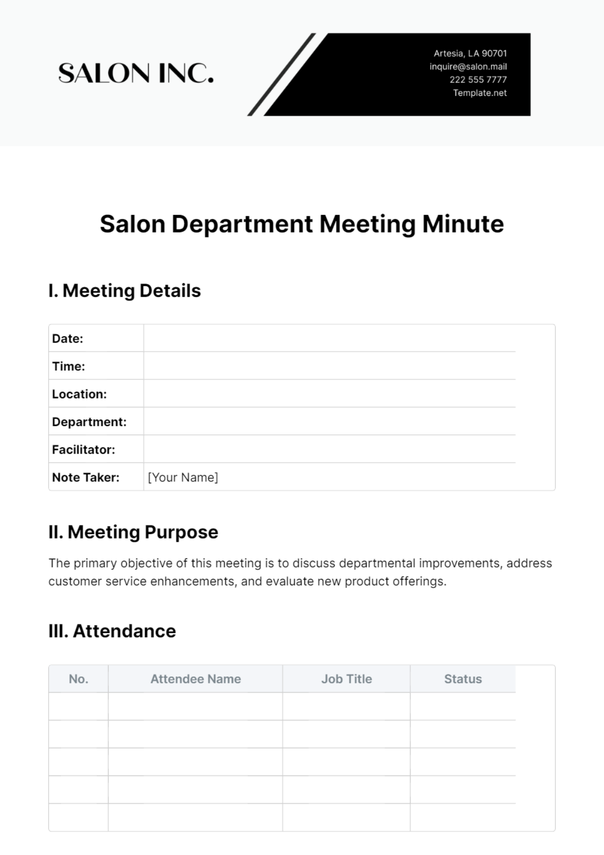Free Salon Department Meeting Minute Template