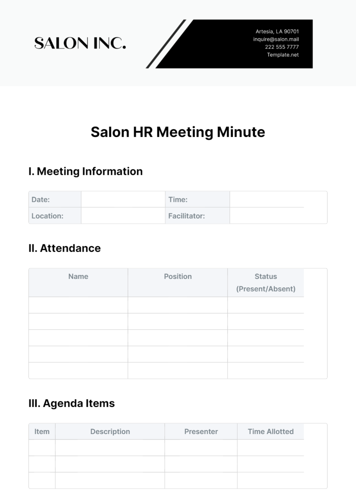 Free Salon HR Meeting Minute Template