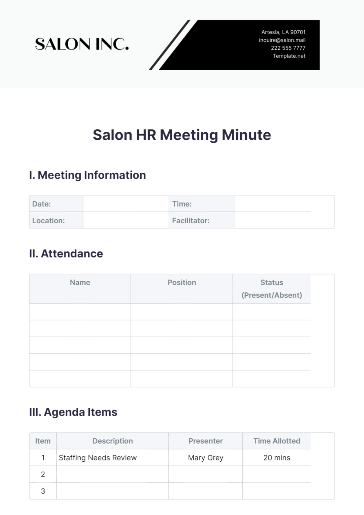 Salon HR Meeting Minute Template - Edit Online & Download