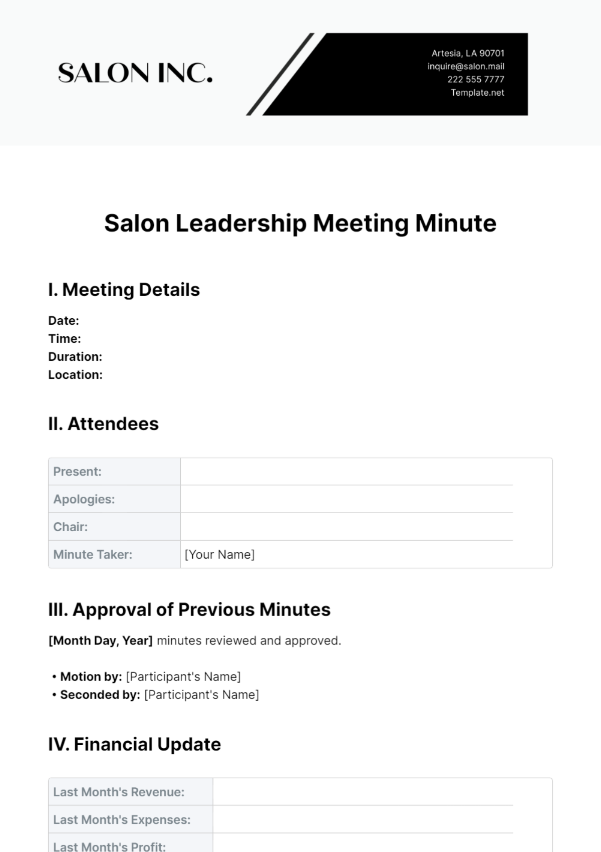 Salon Leadership Meeting Minute Template