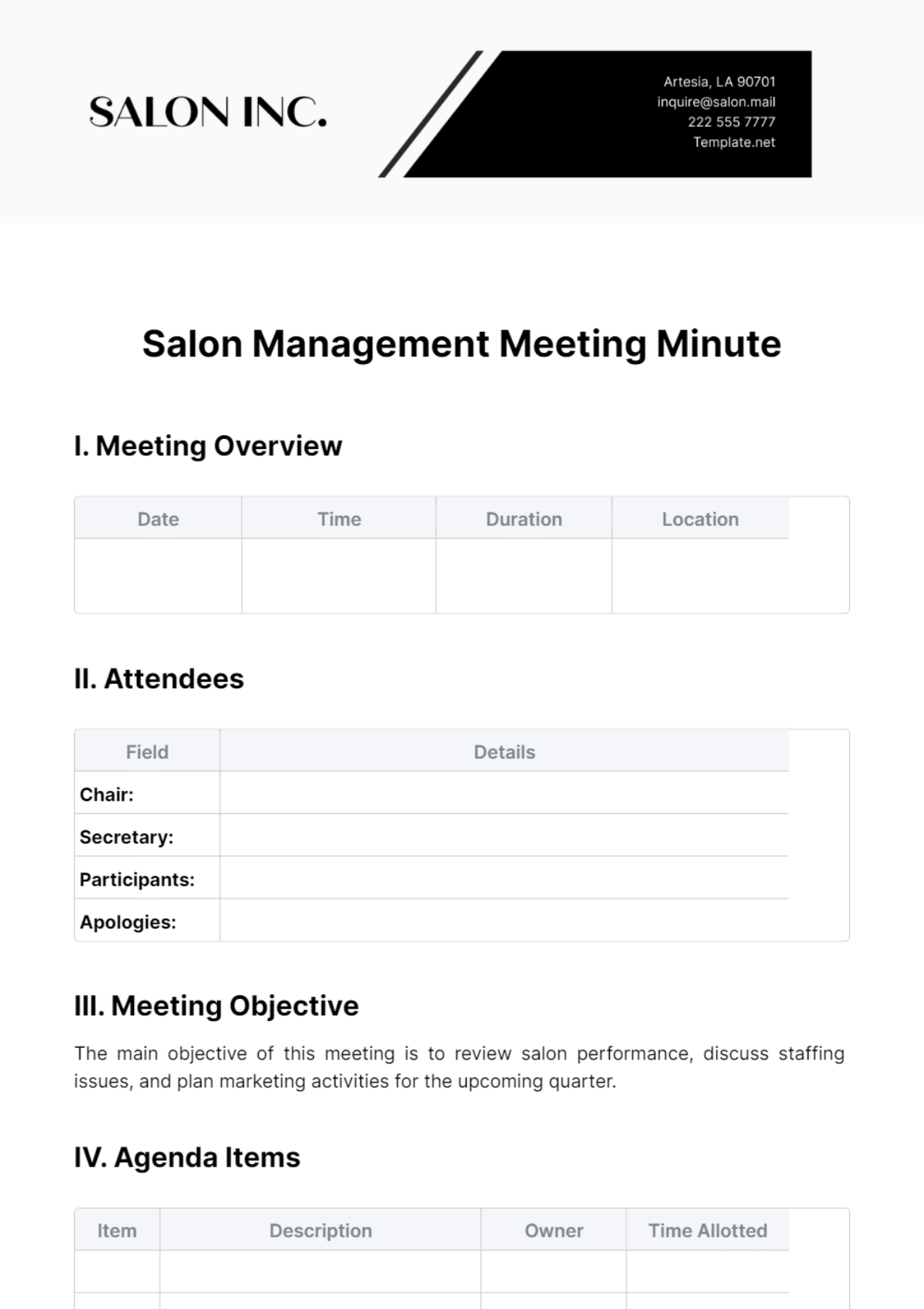 Salon Management Meeting Minute Template