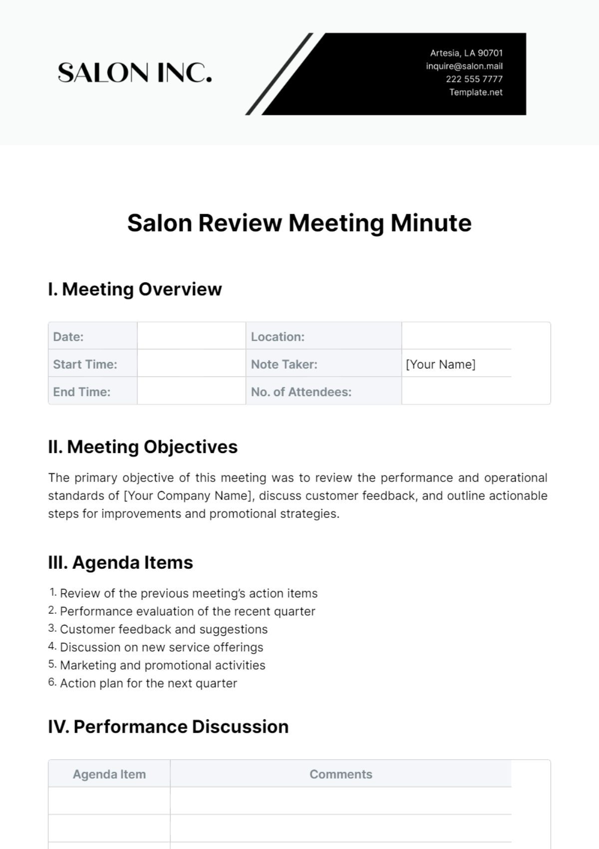 Salon Review Meeting Minute Template