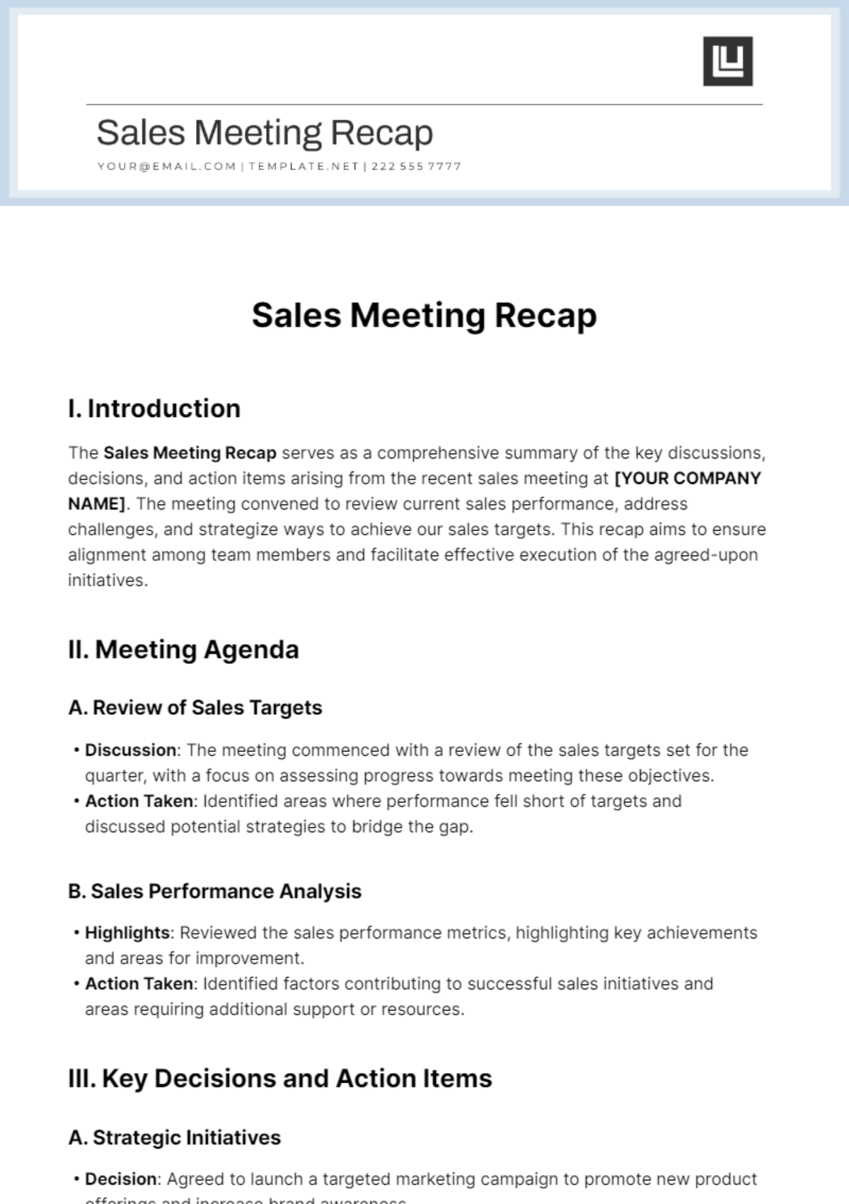 Free Sales Meeting Recap Template - Edit Online & Download | Template.net