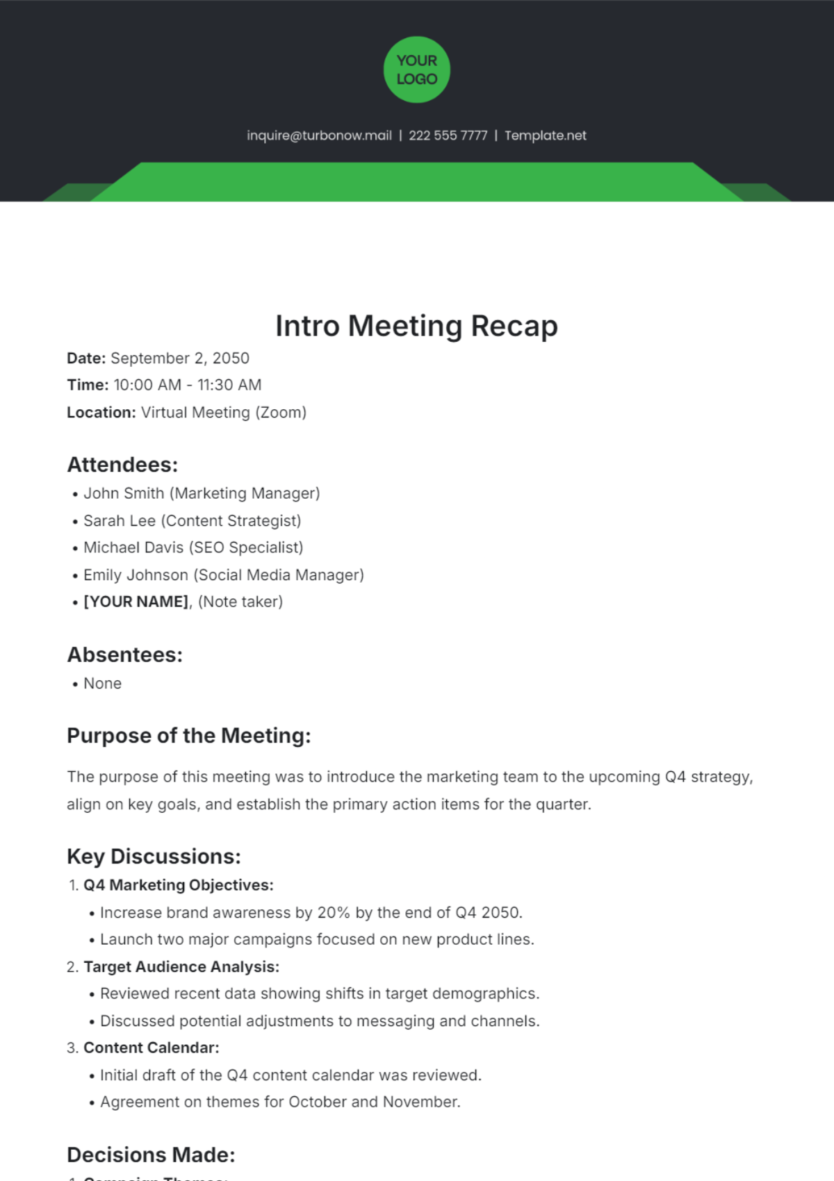 Free Intro Meeting Recap Template - Edit Online & Download | Template.net