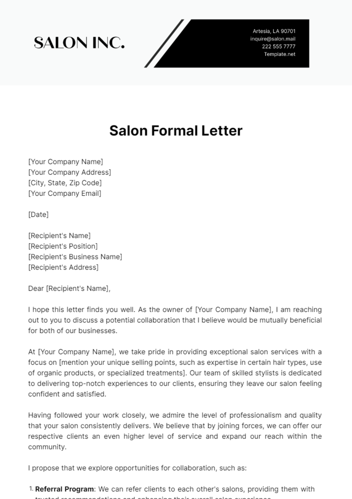 Free Salon Formal Letter Template