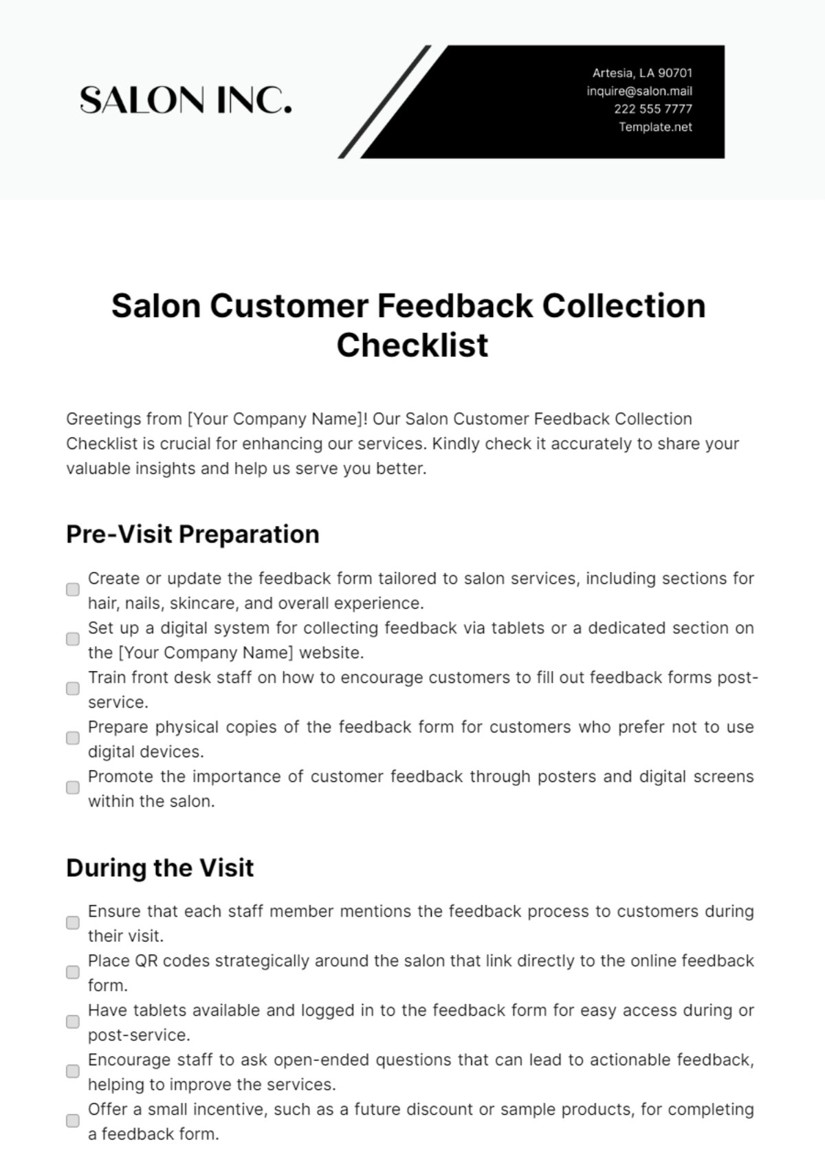 Salon Customer Feedback Collection Checklist Template