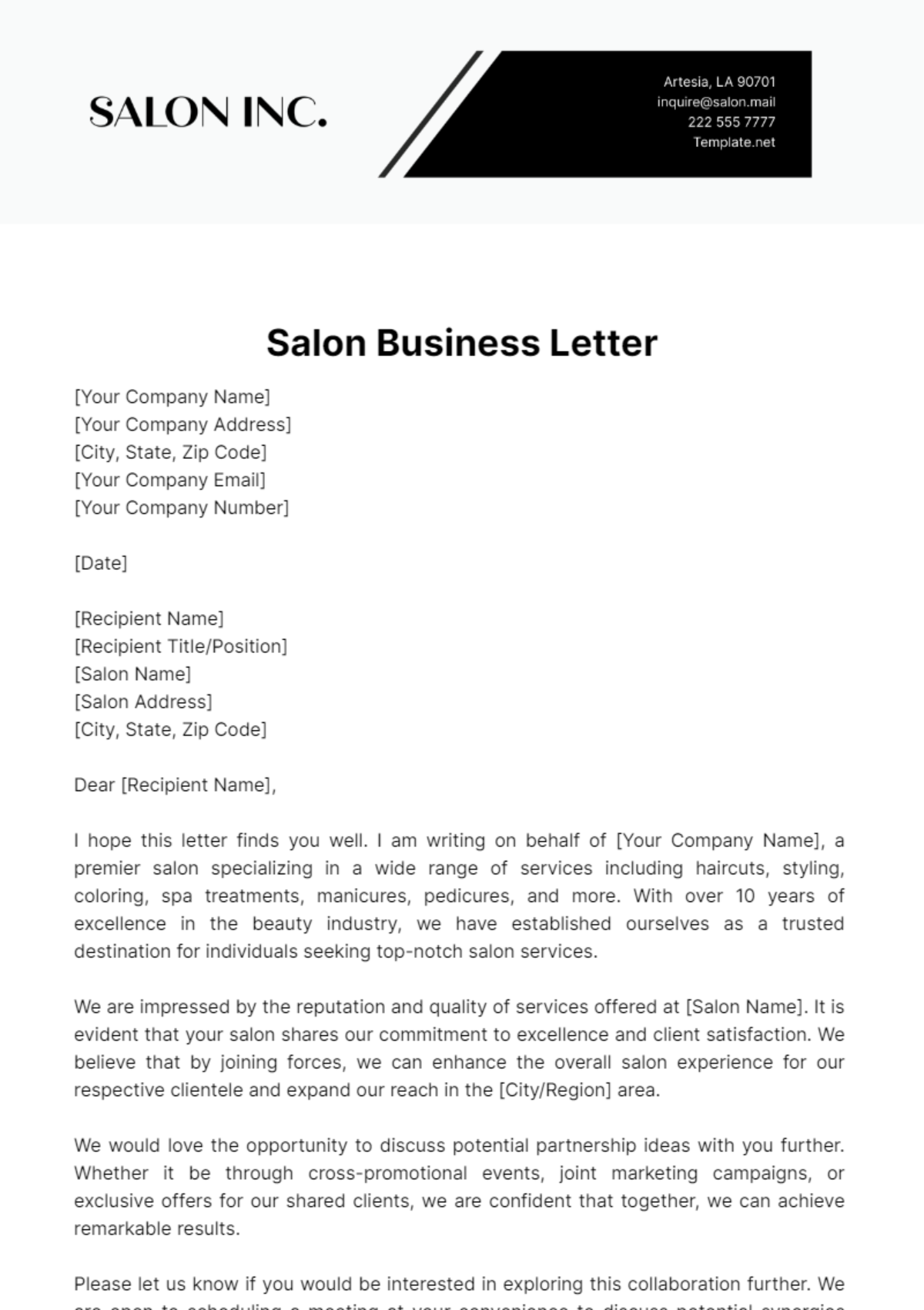 Free Salon Business Letter Template