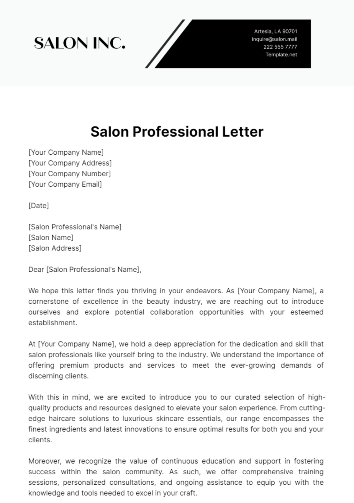 Free Salon Professional Letter Template