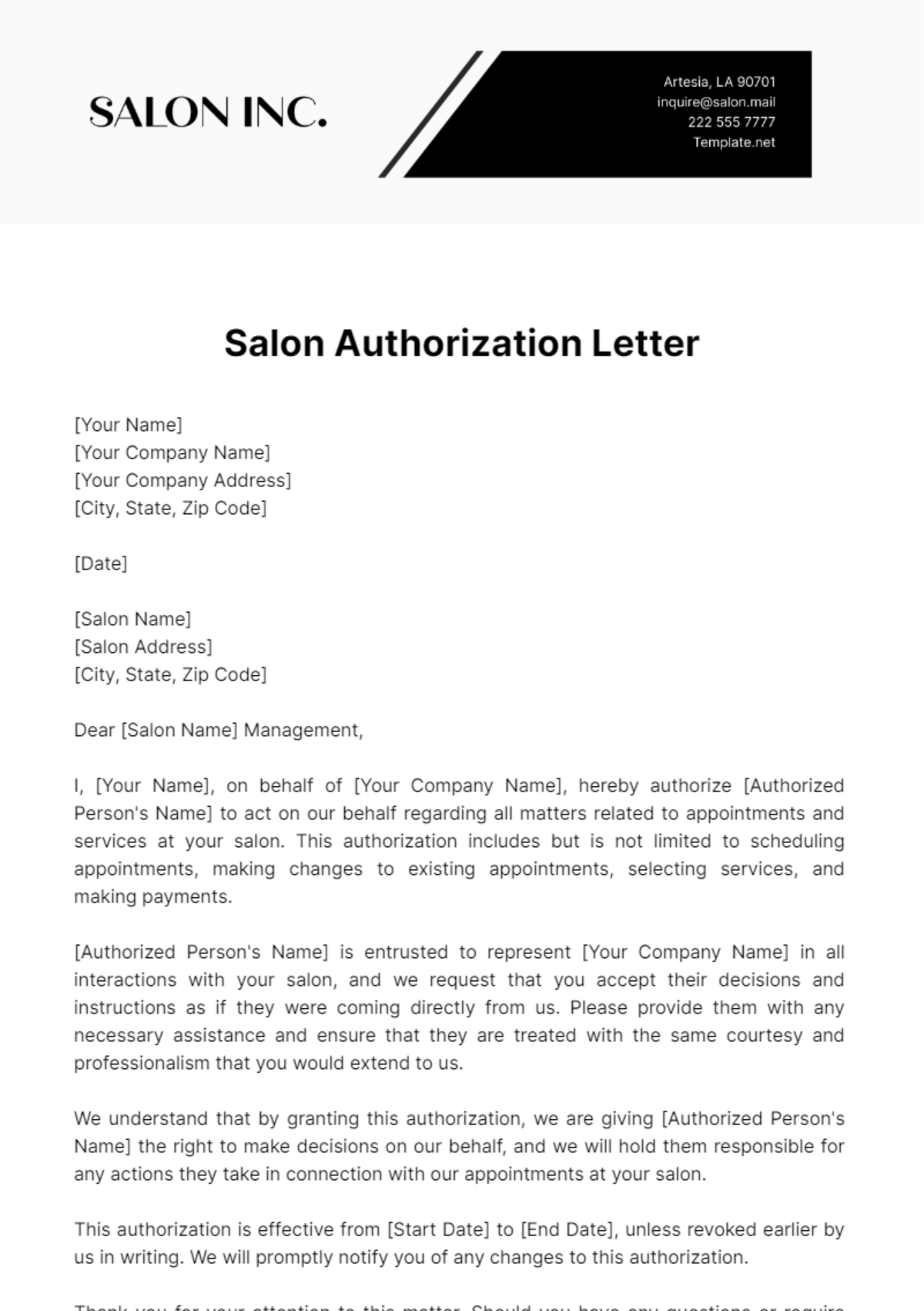 Free Salon Authorization Letter Template