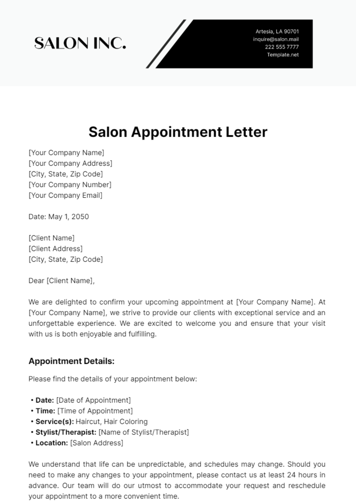 Salon Appointment Letter Template