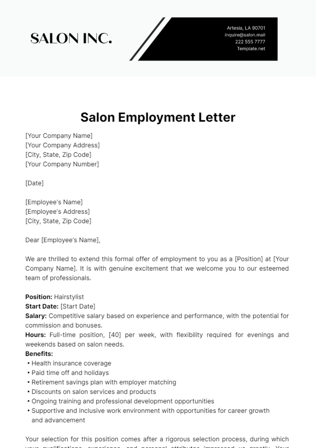 Salon Employment Letter Template