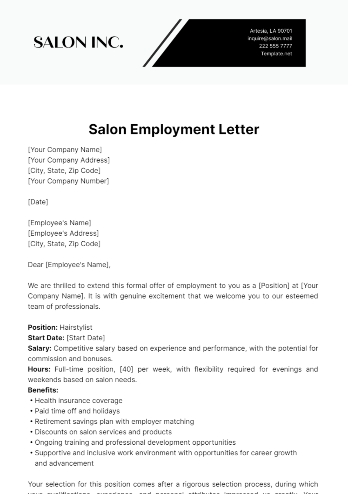 Salon Employment Letter Template - Edit Online & Download