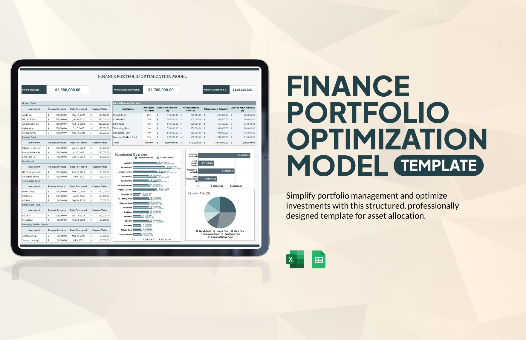 Finance Portfolio Optimization Model Template in Excel, Google Sheets
