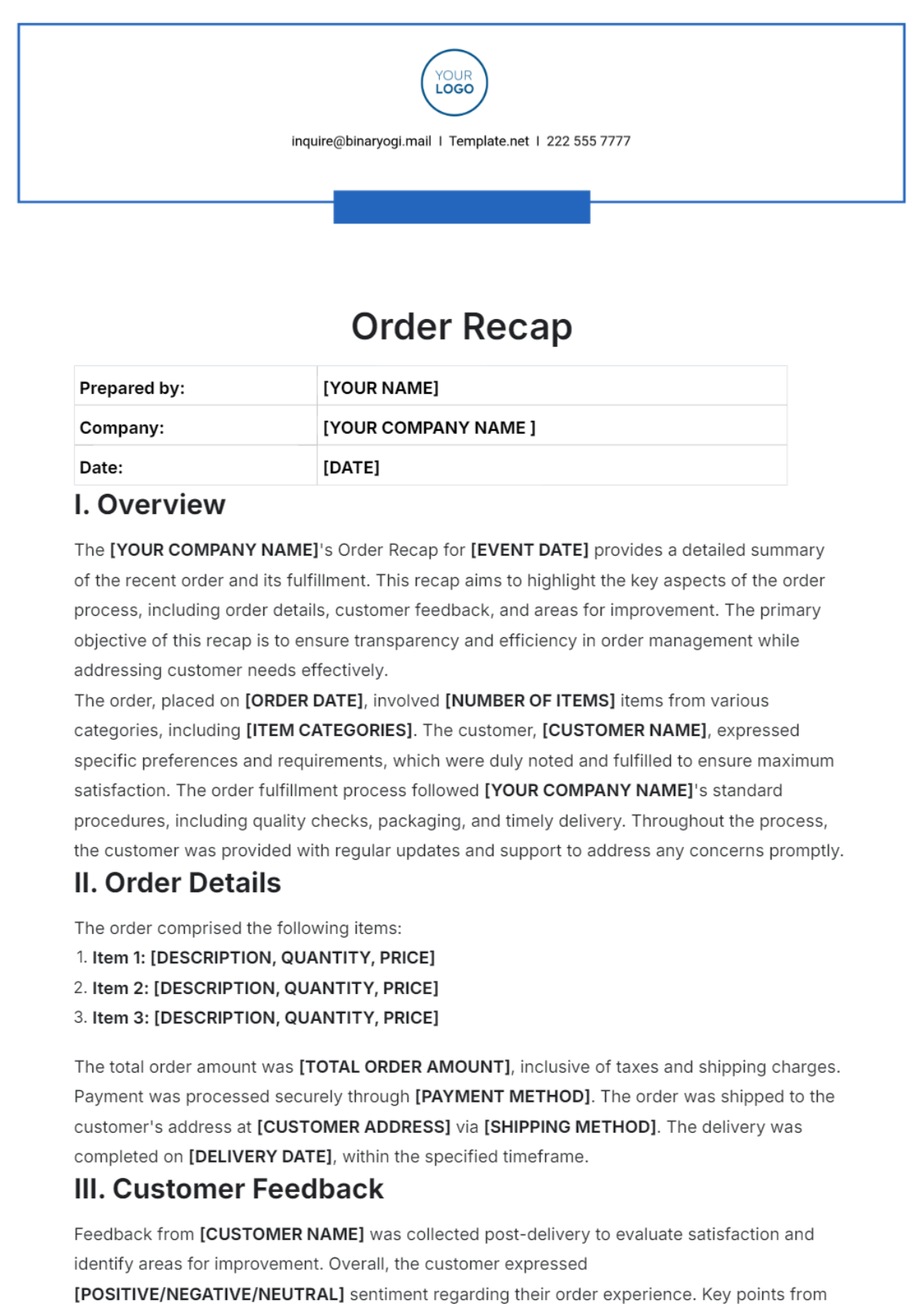 Order Recap Template - Edit Online & Download