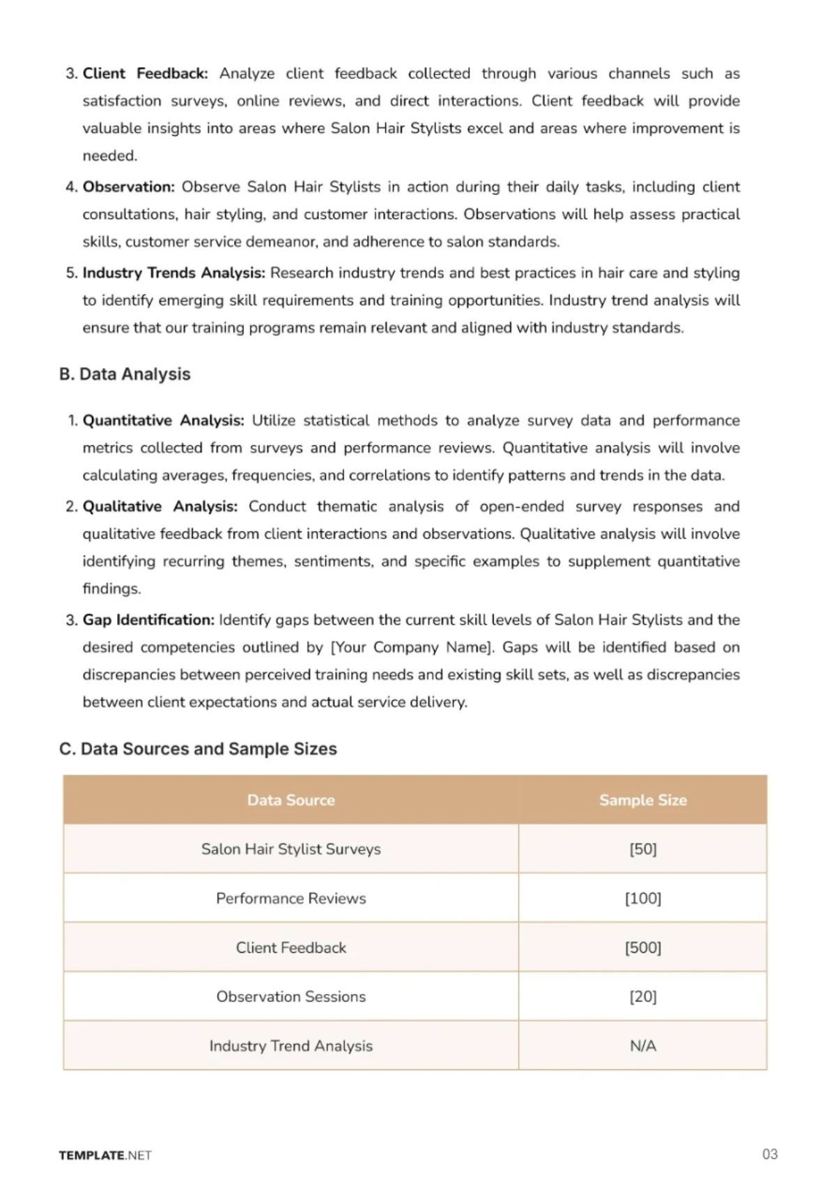 Free Salon Hair Stylist Training Needs Analysis Template to Edit Online