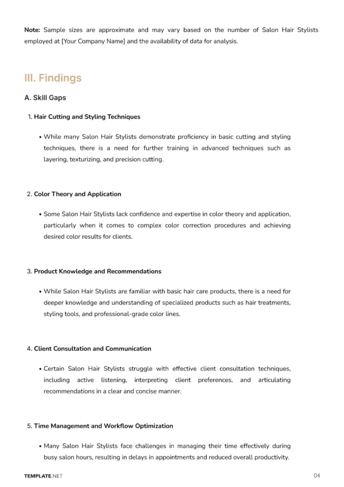 Free Salon Hair Stylist Training Needs Analysis Template to Edit Online