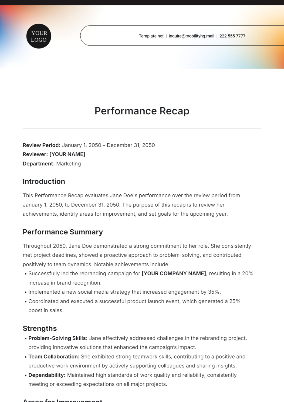 Performance Recap Template - Edit Online & Download