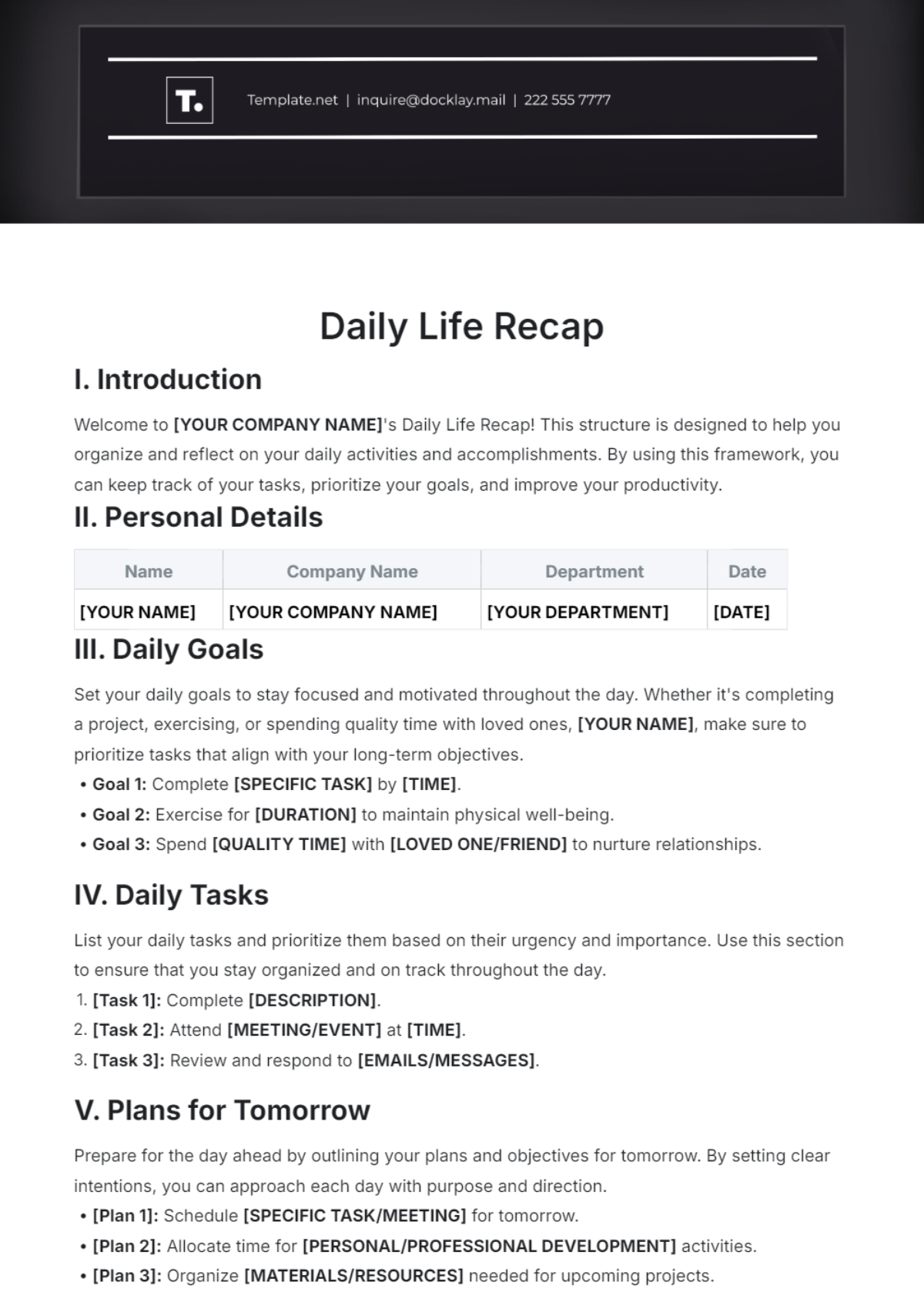 Daily Life Recap Template - Edit Online & Download