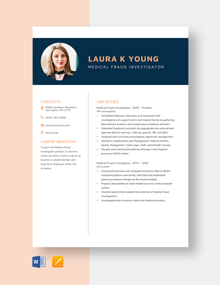 Free Medical Fraud Investigator Resume Template - Word, Apple Pages