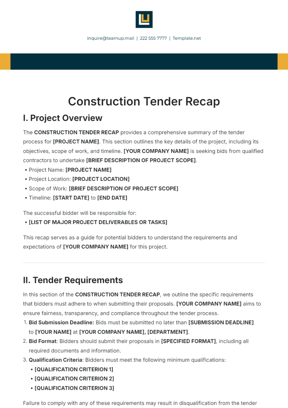 Construction Tender Recap Template - Edit Online & Download