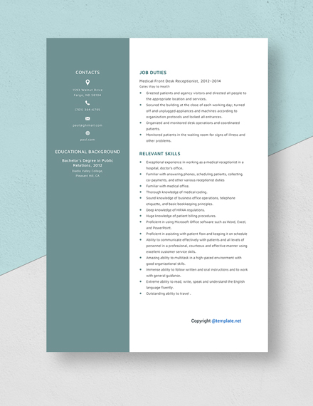 Medical Front Desk Receptionist Resume Template - Word, Apple Pages ...