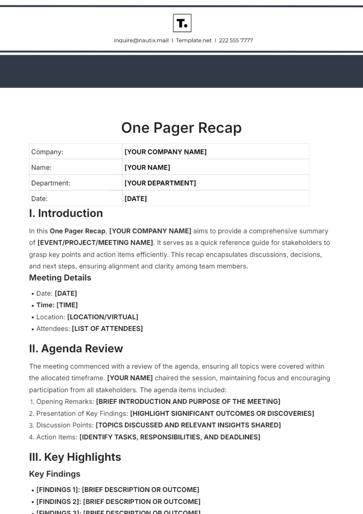 One Pager Recap Template - Edit Online & Download