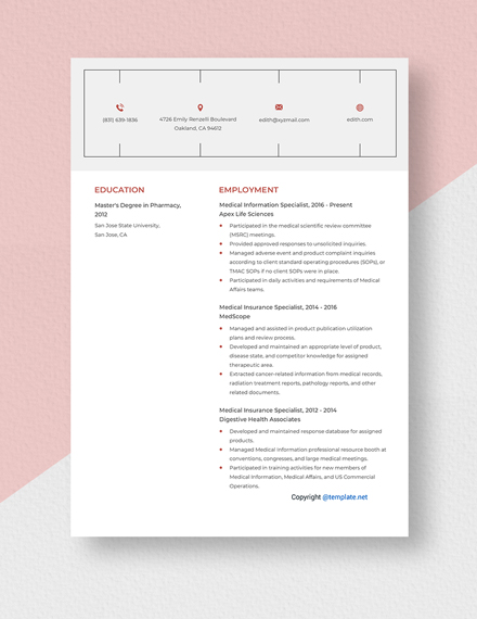 Medical Information Specialist Resume Template