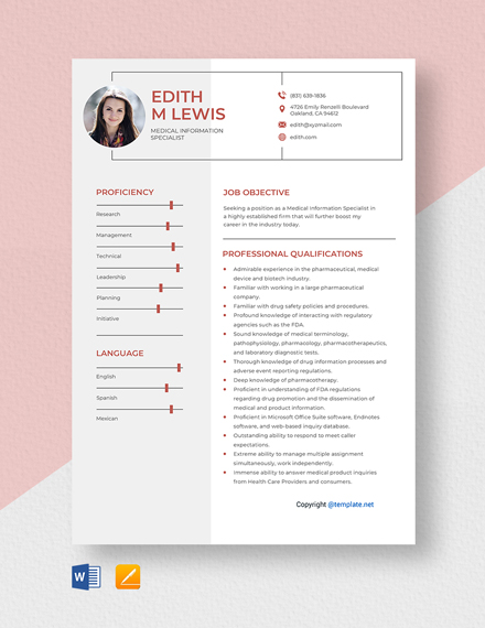 Medical Information Specialist Resume Template - Word, Apple Pages